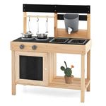 HONEY JOY Mud Kitchen, Fir Wood Outdoor Play Kitchen for Toddlers, Realistic Faucet & Water Tank, Stoves, Sink, Storage Shelf, Outside Kitchen Playset, Mud Kitchen for Kids Outdoor (Without Wheels)
