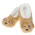 Snoozies! Sherpa Fleece Womens Slippers With Non Slip Sole - Furry Foot Pals Animal Designs - Black Cat, Dog, Mouse or Pink Pig (Dog, Large)