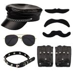 Bohue 7 Pieces Biker Costume Set Biker Hat with Chain Gothic Necklace Choker Sunglasses Punk Biker Gloves Fake Mustaches 1980s Gangster Biker Costume Accessories for Cosplay Masquerade