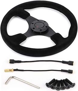 Suede Steering Wheel, 6 Bolt Steering Wheel - Racing Steering Wheel 14in/350mm for MOMO Style 6-Bolt Black Suede Black Stitching with Horn Button