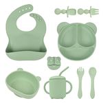 Wellehomi 8 Pack Baby Feeding Set,Silicone Baby Essential Led Weaning Supplies Set Baby Plate & Bowl with Suction, Adjustable Bib,Cup with Straw and Lid,2 Spoons&Forks Feeding Utensils Set (Green)