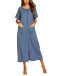 Ekouaer Women Robes Zipper Front Short Sleeve Housecoat Full Length Loungewear with Pockets Steel Blue,2XL