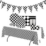 Black and White Checkered Party Tableware Set,52pcs Racing Car Themed Party Paper Plates Cups Napkins Tablecloth and Banner Kits for Boys Girls Birthday Party Picnic Race Car Themed Table Decoration