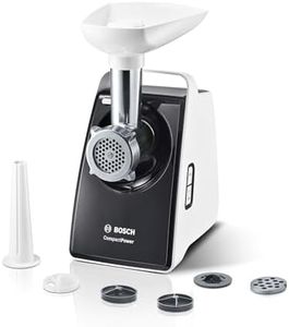 Bosch CompactPower MFW3612A Hachoir à viande électrique, hachoir à saucisse, disques perforés en acier inoxydable 4 mm + 8 mm, lame à double tranchant, embout kebbe, passe au lave-vaisselle, puissance