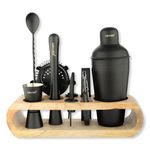 Car-O-Bar Black Bar kit with Stand | Bar Set for Home - 10 Piece Bartender Kit :Cocktail Shaker, Bar Spoon, Jigger, Muddler, Strainer, Wine & Beer Bottle Opener, 2 Pour Spouts, Tong, Wooden Stand