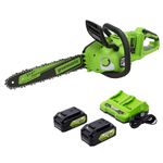 Greenworks 48V (24V x 2) 14" Brushless Cordless Chainsaw (Great for Tree Felling, Limbing, Pruning, and Firewood / 200+ Compatible Tools), (2) 4.0Ah Batteries and Dual Port Rapid Charger Included