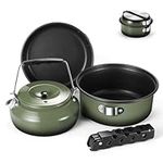 Odoland 5pcs Camping Cookware Mess Kit, Non-Stick Lightweight Pot Pan Kettle Set with a removable handle - Perfect for Backpacking, Camping, Hiking, and Picnic Green