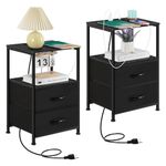 Vrisa Black Nightstand Bed Side Table Set of 2 with Charging Station End Table with Fabric Drawers Industrial Night Stand with USB Ports and Outlets for Bedroom Living Room