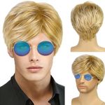 TSHAOUN Mens Short Wig Blonde Layered Natural Synthetic Cosplay Hair Wig, 70s 80s Disco Short Curly Fluffy Costume Wigs, Handsome Men's Daily Costume Rocking Dude Wig Punk Metal Rocker Wigs (Blonde)