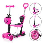 Dripex 5-in-1 Kids Scooter Toddler Scooter with Flashing Led Light Up Wheels 3 Wheels Kick Scooter with Adjustable Handlebar Removable Seat and Push Handle (Pink)