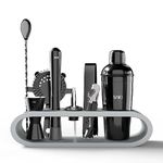 SAKI|10 Piece Bartender kit Black (Cocktail Shaker Gift Set with Gray Stand), Bartender Kit: Shaker, Spoon, Jigger, Muddler, Strainer, Wine & Beer Bottle Opener, Pour Spouts & Tongs (with Colour Box)