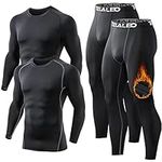 TELALEO Men's Thermal Underwear Sets Long Sleeve Compression Shirts, Winter Gear Sports Base-Layer Top Bottom Sets Long Johns Fleece Lined L