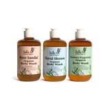 Rustic Art Organic Body Wash (Rose Sandal + Floral Shower + Rosemary Peppermint, 300 ml (Pack of 3)) | Handmade Jute Pouch Gift Pack | Sulphate & Paraben Free Castile Soap