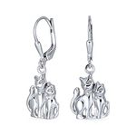 Best Friend Animal Lover BFF Pets Two Kitten Kitty Dangling Cat Earrings For Women Teen .925 Sterling Silver Lever back