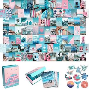 Blue Aesthetic Wall Collage Kit, 100 Set 4x6 inch, Pink VSCO Room Decor for Teen Girls, Summer Beach Wall Art Print, Dorm Photo Collection, Small Posters for Room Aesthetic…