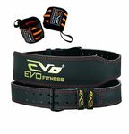 EVO Fitness 4” Matte Black Weight Lifting Belt With 18" Wrist Straps Gym Cowhide Leather Padded Lumbar Back Support Powerlifting Bodybuilding Workout Training Men Women (Black, Medium)