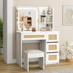 GarveeHome Rattan Vanity Desk, Makeup Vanity Table with Adjustable LED Light and Mirror, Large Storage Space with 4 Drawers and 2 Tiers of Open Shelves for Bedroom in White