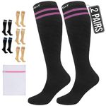 360 RELIEF 2 Pairs Compression Socks for Women Men, 15-20 mmHg Supports Blood Circulation, Travel Flight Socks, Varicose Veins, Pregnancy Stockings L/XL, Black with 2 Pink Line + Laundry Bag