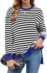 ECOWISH Women Side Split Sweatshirt: Fall Crewneck Long Sleeve Oversized Striped Shirts Casual Contrast Pullover Tops 413 Black White M