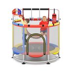 OLAKIDS 55" Trampoline for Kids, Indoor Outdoor Adjustable Toddler Trampoline with Safety Enclosure Net, Baby Recreational Play with Basketball Hoop Hammock Boxing Bag Gymnastic Bar Rings