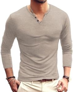 NUOKESASI Men's Casual Slim Fit Basic Henley Long Sleeve Fashion T-Shirt VG Khaki-X-Large