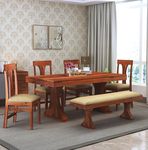 WOODSTAGE Sheesham Wood 6 Seater Dining Table with Cushioned Chairs and Bench for Living Room Wooden Dining Room Set for Home (Honey Finish)