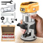 Cordless 30,000 RPM Compact Router Compatible with DeWalt 20V Battery, with 15Pcs Router Bits 6 Variable Speeds for Woodworking, 800W Fixed Base Router with Trim Bits, Edge & Roller Guide, Tool Only