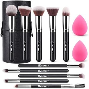 BEAKEY 13PCS Makeup Brush Set with Case & 2 Sponges, 10 Brushes Full Face Kit, Beginner Friendly, Soft Synthetic Bristles for Smooth Even Application, Travel Kit for Face & Eyes