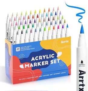Arrtx Acrylic Paint Markers, 60 Colors Paint Pens with Brush Tip for Wood, Canvas, Stone, Rock, Glass, Ceramic - DIY Crafts Supplies for Adults & Artists