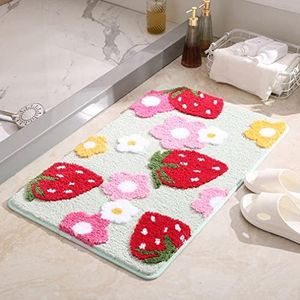 LIKETN Soft Cozy Strawberry Bathroom Rugs Bath Mat Cute Doormat Non Slip Absorbent Washable Shaggy Bedroom Durable Thick Plush Door Mats Bathtub Shower Bath Rug for Girls (17.7" X 25.6", Green)