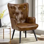 Furniliving PU Leather Accent Chair, Upholstered High Backrest Arm Chair with Solid Metal Legs, Tufted-Button Design Reading Chair, Sofa Chair for Bedroom, Living Room, Office, YellowBrown