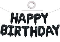 TONIFUL Black Happy Birthday Banner Balloons, 16 Inch Mylar Foil Letters Balloons Banner Reusable Ecofriendly Materialfor Birthday Decorations and Party Supplies(with Ribbon)