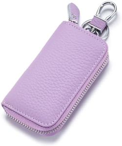 JIUFENG Leather Keys Holder Car Key Card Wallet Multifunctional Zipper Key Case Coin Pouches Keychain Key Ring Unisex (Light Purple)