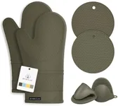 Rorecay Silicone Oven Mitts and Pot Holders Sets: Heat Resistant Silicone Oven Mittens with Mini Oven Gloves Hot Pads Potholders for Kitchen Baking Cooking, Quilted Liner, Forest Night