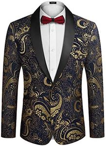 COOFANDY Men's Floral Tuxedo Jacket Luxury Embroidered Wedding Blazer Dress Suit for Party Dinner Navy Blue