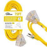 HONDERSON 75 FT Lighted Outdoor Extension Cord with 3 Power Outlets,12/3 SJTW Heavy Duty Yellow Extension Cable with 3 Prong Grounded Plug for Safety,UL Listed