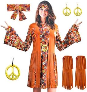 ATAMET Women 60s 70s Hippie Costume Outfits Hippy Clothes Disco Dress Adult Costume for Halloween,70's Party Costume (Brown A, 3X-Large)