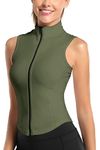 FEOYA Women's Yoga Fitness Workout Sleeveless Shirt Tank Top Full Zip Up Running Athletic Sports Vest Quick Dry Bodycon Shirt Jacket Tracksuit Outwear Vest Green