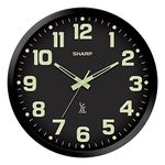 SHARP Glow in The Dark Atomic Analog Wall Clock - 12" Clock with Black Frame - Sets Automatically - Battery Operated - Easy to Read - Easy to Use – See Day or Night!