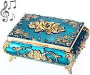 SUMNACON Metal Music Box Musical Jewelry Box Keepsake Box Case, Vintage Music Box Organizer Rose Embossed Musical Box for Christmas, Birthday, Valentines Day (Tune:You Are My Sunshine, Blue Gold)