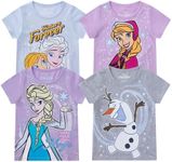 Disney Frozen Elsa, Anna, and Olaf Girls 4 Piece Short Sleeve T-Shirt for Toddler and Big Kids, Purple/Grey/Blue, 5