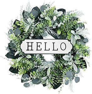 SEVENLOVE Hello Door Wreath, Boxwood Wreath 24inch, Farmhouse Eucalyptus Flocked Lambs Ear Wreath for Front Door Hanging Wall Window Party Decoration,Green