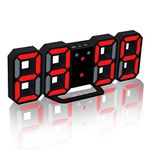 ThreeH Digital Alarm Clock Big Display Wall & Desk Clock with 3 Adjustable Brightness Easy to Read Perfect for Home Décor 12/24 Hour Mode Black-Red