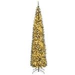 Goplus 8ft Pre-Lit Pencil Christmas Tree, Artificial Slim Xmas Tree with 300 Warm-White LED Lights, 591 Branch Tips, Foldable Metal Stand, for Home Office Indoor Holiday Decor