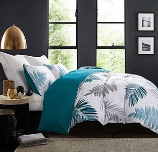 SLEEPBELLA Duvet Cover Set, 600 Thread Count Cotton Leaf Botanical Pattern Print Reversible Comforter Cover Set (Queen, Teal Blue-Leaf)