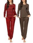 Ekouaer 2 Pack: Women’s Pajama Set Super-Soft Long Sleeve Top with Jogger Pants Sleepwear Loungewear with Pockets Brown&Red Plaid Small