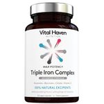 Complex Triple Action Formula - Iron Glycinate + Iron Citrate + Iron Gluconate and Non-Acid Vitamin C with Ginger for Maximum Absorption - Max Potency - Premium Ingredients - Vegan - Made in The UK