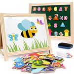 Kids Wooden Art Easel Magnetic Whiteboard and Chalkboard Tabletop Drawing Board with Magnetic Letters Numbers for Toddlers Boys Girls Age 3+