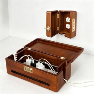 Solid Wood Outlet Cover & Cable Management Box Set with Combination Locks, Childproof Electrical Outlet Protector & Large Cord Hider Box for Home, Desks, TV Stands & Home Offices