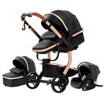 Magic ZC PU Leather 3 in 1 Pushchair Pram Travel System, Baby Stroller 3 in 1 with Reversible Two Pushing Modes, Newborn Infant Carriage One-Click Folding, Toddler Buggy Aluminum Frame (Black 518)